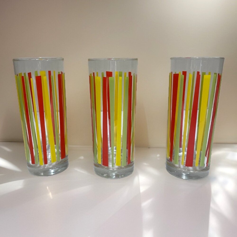 3 Vintage Ocean Thailand Striped Highball Tom Collins Glasses Tumblers Bar